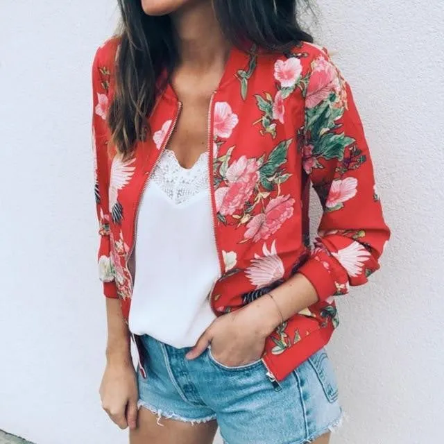 Retro Floral Zipper Up Bomber Jackets