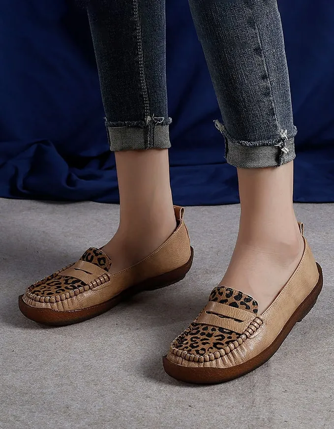 Retro Leather Leopard Flat Comfortable Loafers