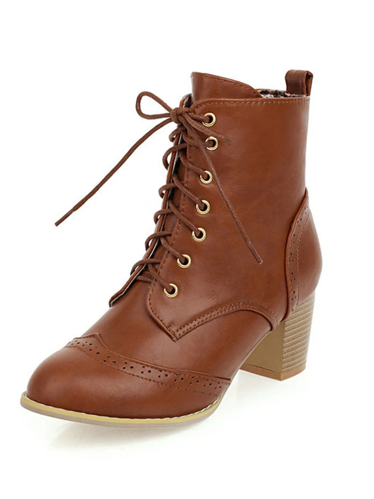 Retro Leather Medium Heel Lace-Up Combat Boots