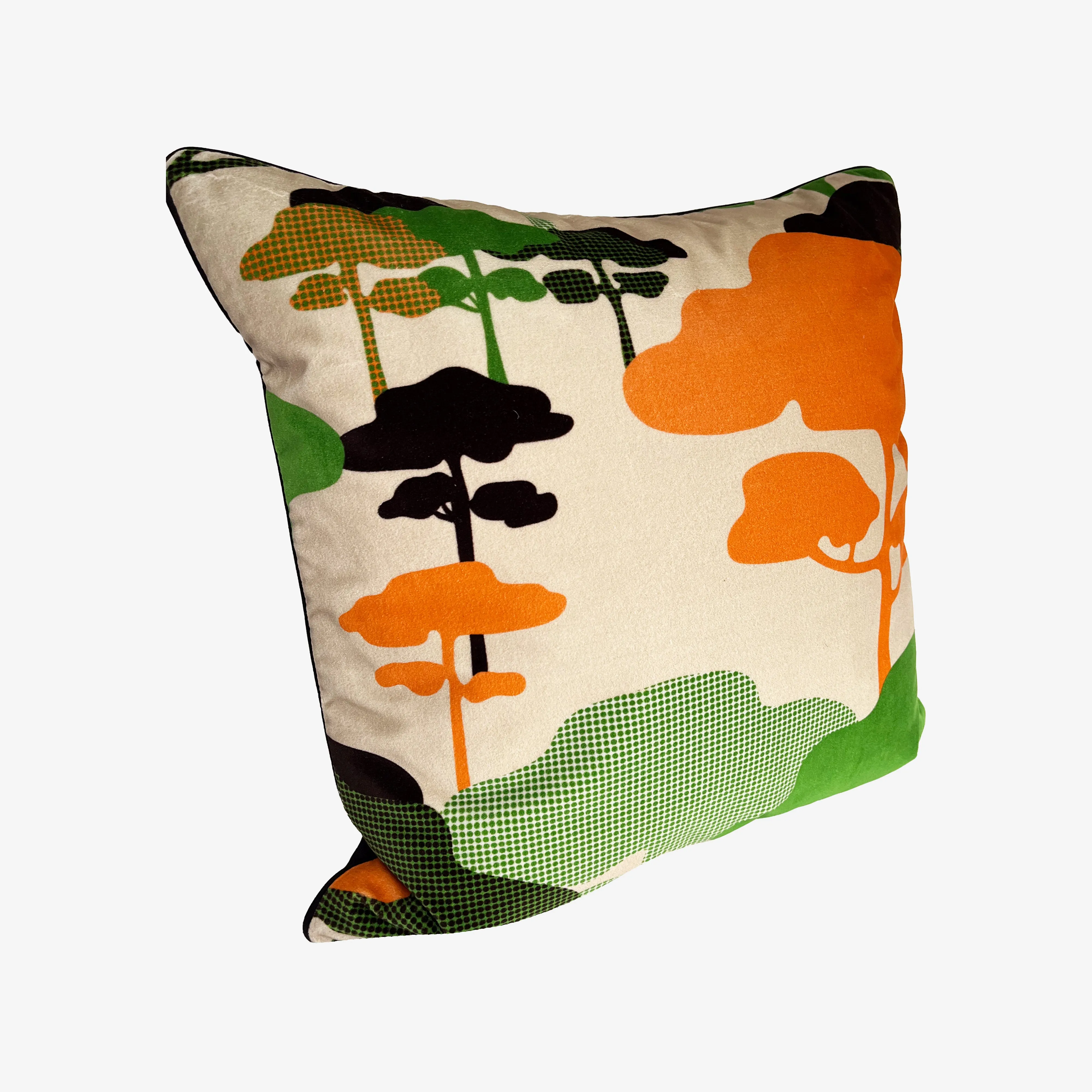 Retro Tree Velvet Cushion - Orange   Green