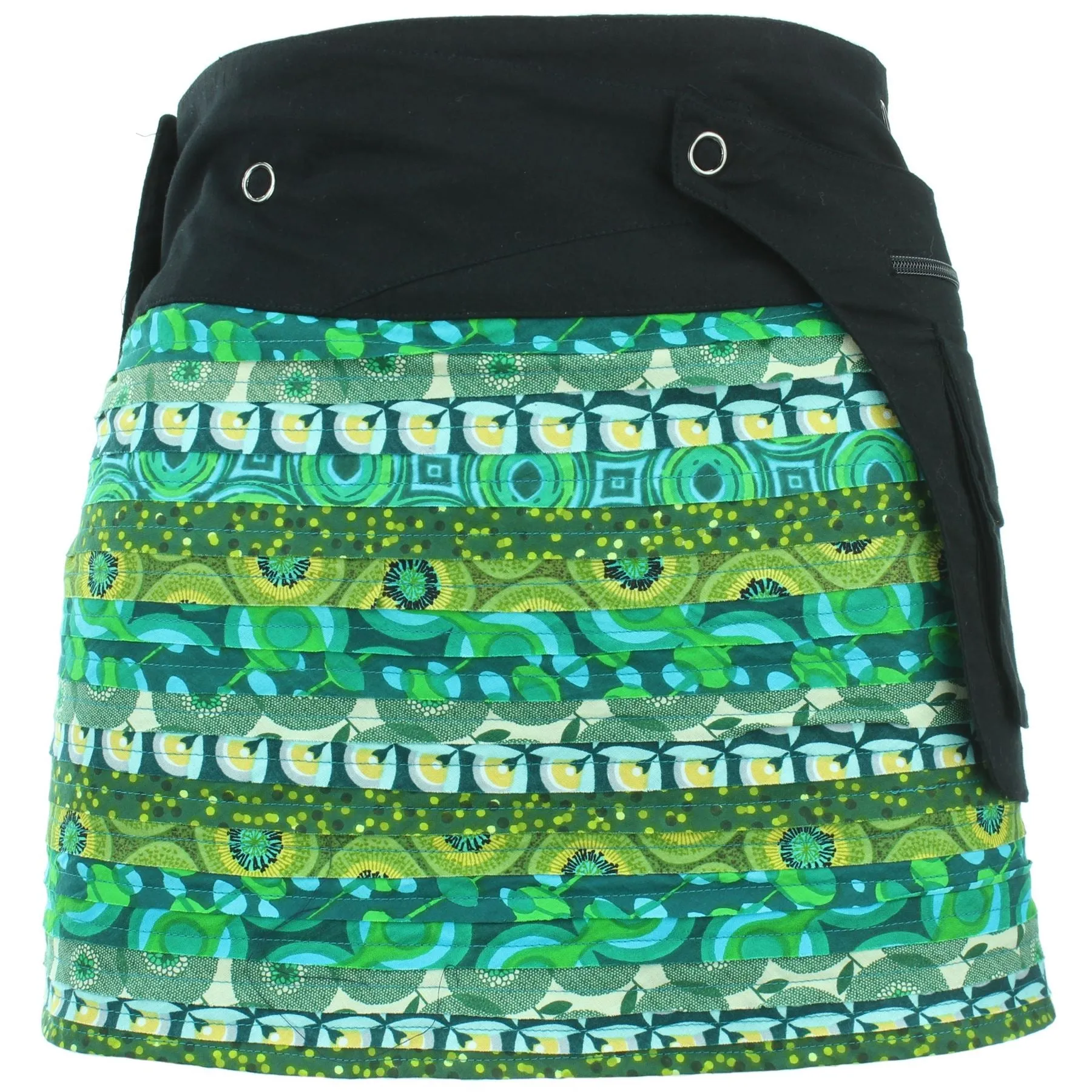 Reversible Popper Wrap Mini Skirt - Green Patch Strips / Floral Oyster