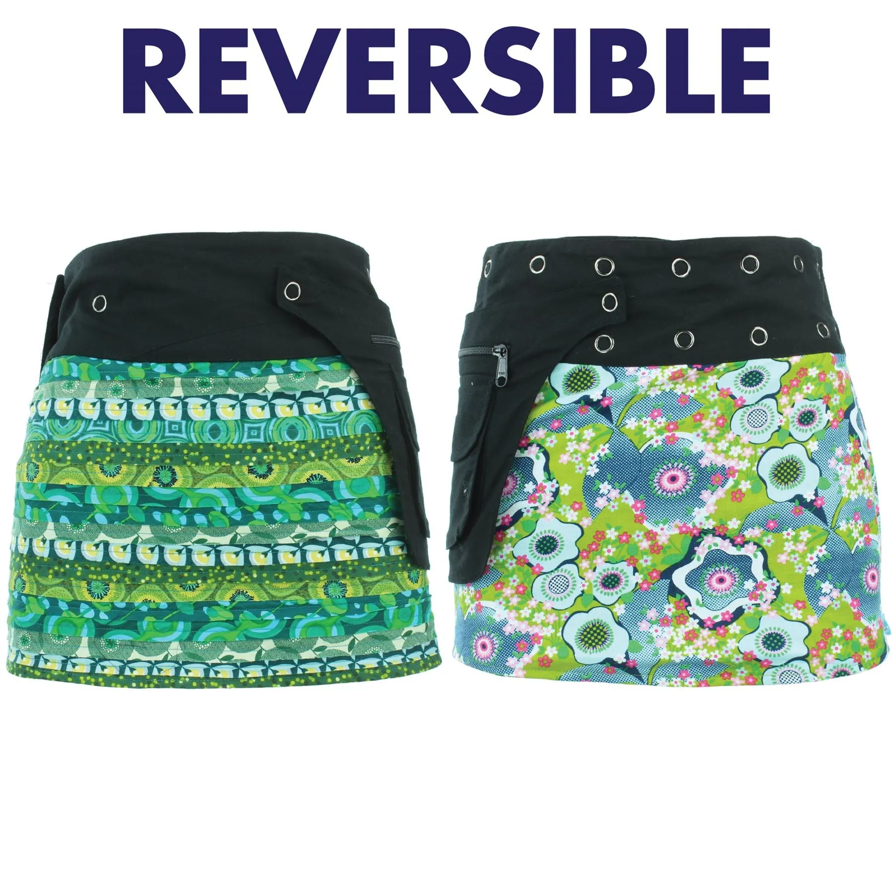 Reversible Popper Wrap Mini Skirt - Green Patch Strips / Floral Oyster