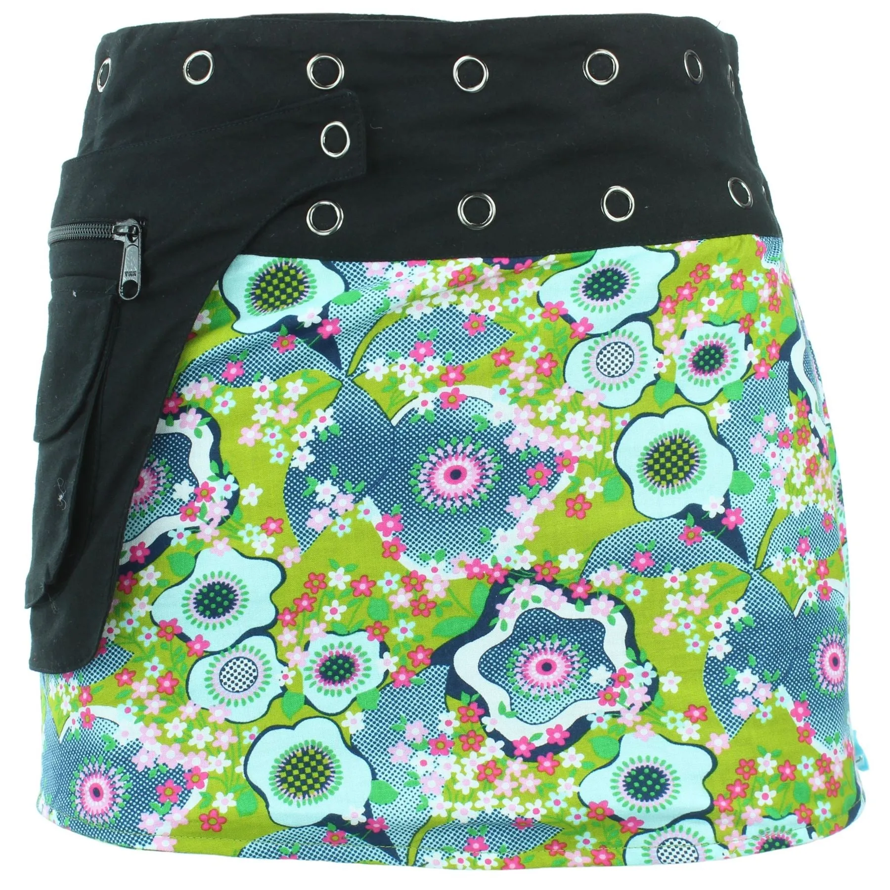 Reversible Popper Wrap Mini Skirt - Green Patch Strips / Floral Oyster