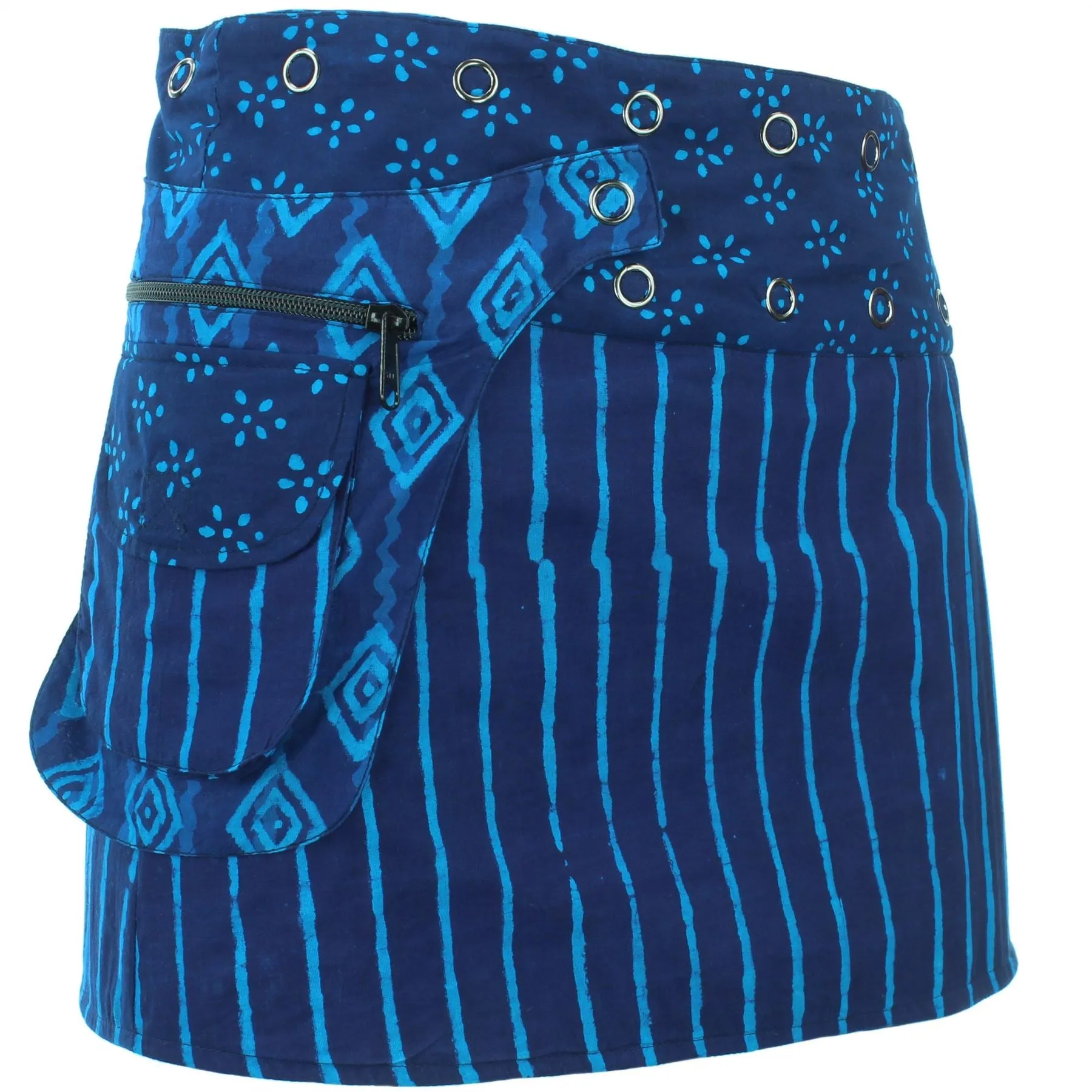 Reversible Popper Wrap Mini Skirt - Indigo Patch Strips / Indigo Stripe