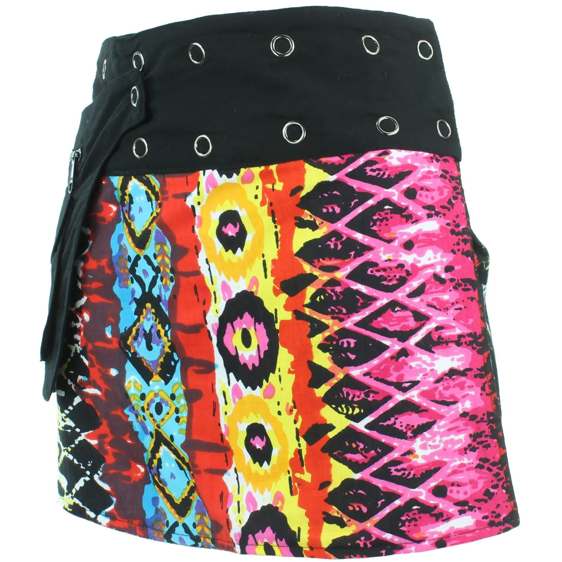 Reversible Popper Wrap Mini Skirt - Multi Patch Strips / Psychedelic Snakeskin