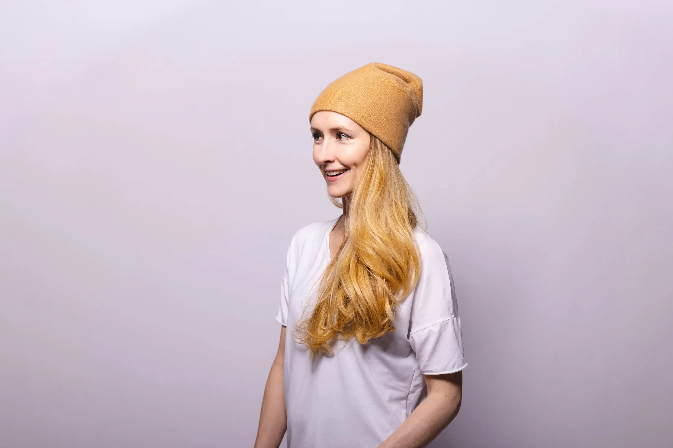 Reversible Slouchy Gold Cashmere Hat with Seafoam Pom-Pom