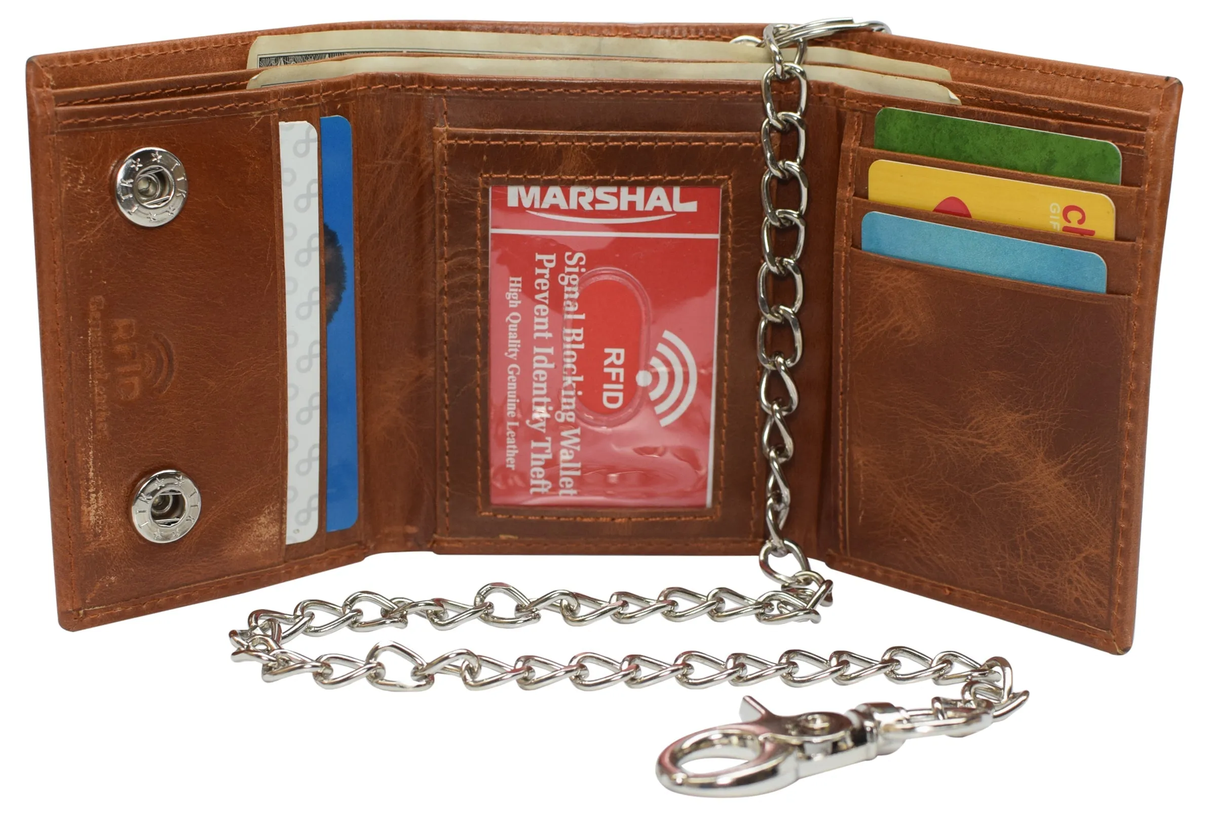 RFID946-51 RFID Blocking Men's Tri-fold Leather Biker Silver Chain Wallet With Snap Closure