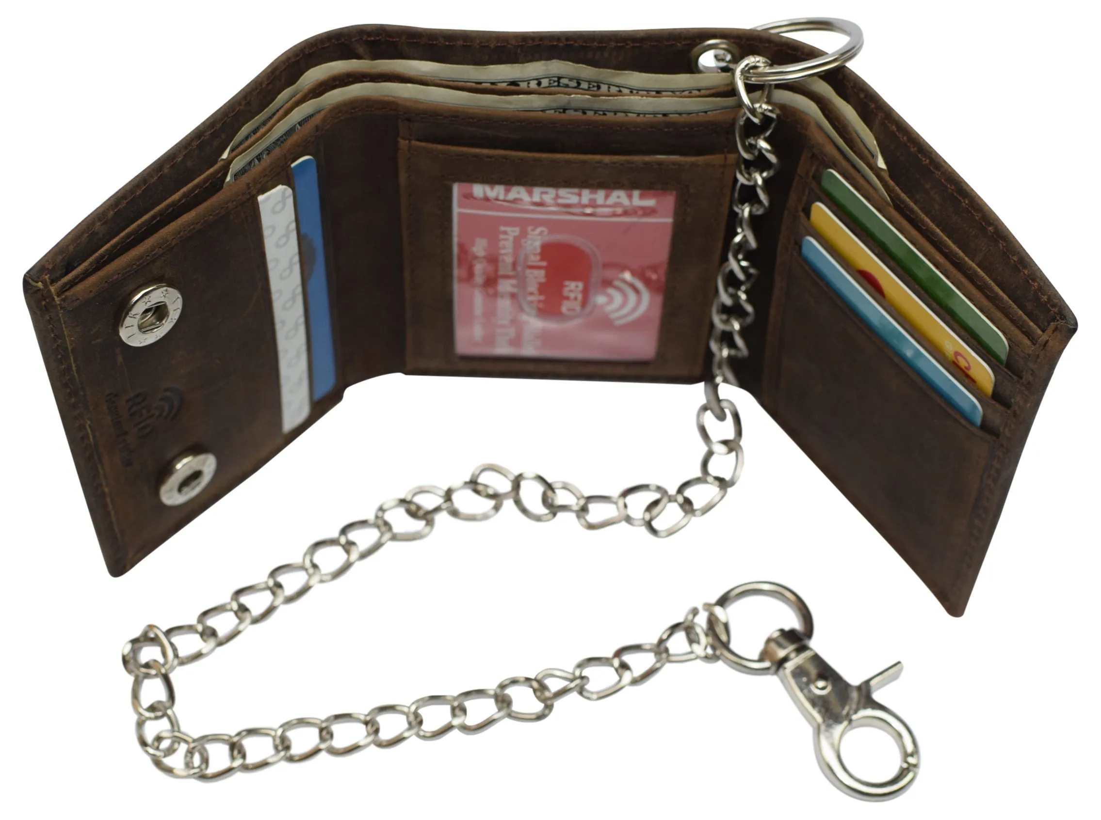 RFID946-51 RFID Blocking Men's Tri-fold Leather Biker Silver Chain Wallet With Snap Closure