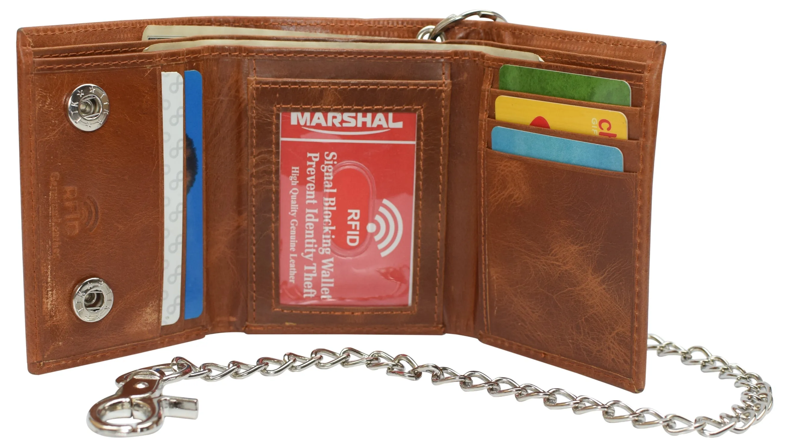 RFID946-51 RFID Blocking Men's Tri-fold Leather Biker Silver Chain Wallet With Snap Closure