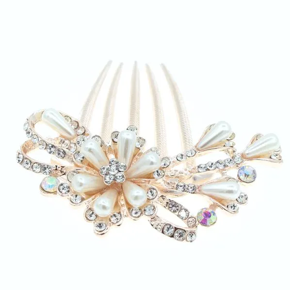 Rhinestone and Glass Pearl French Twist Up-do Comb Flower Bouquet