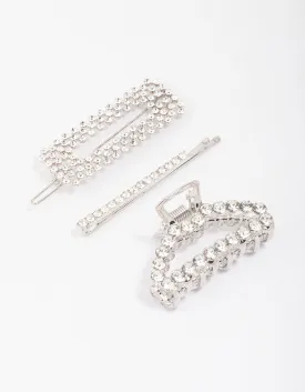 Rhodium Mixed Diamante Hair Claw Clip 3-Pack