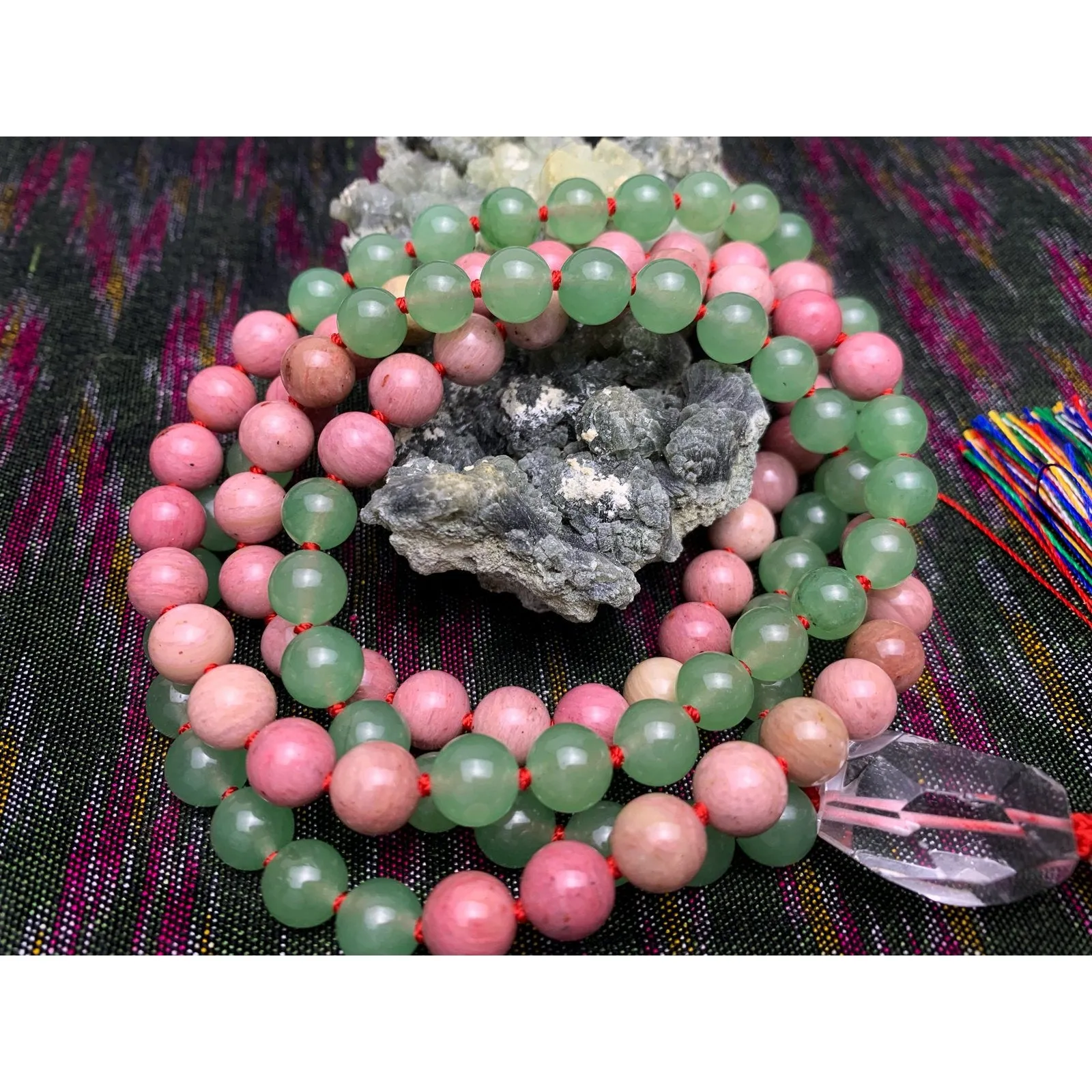 Rhodonite and Aventurine 8mm Knotted Mala with Silk Tassel #31