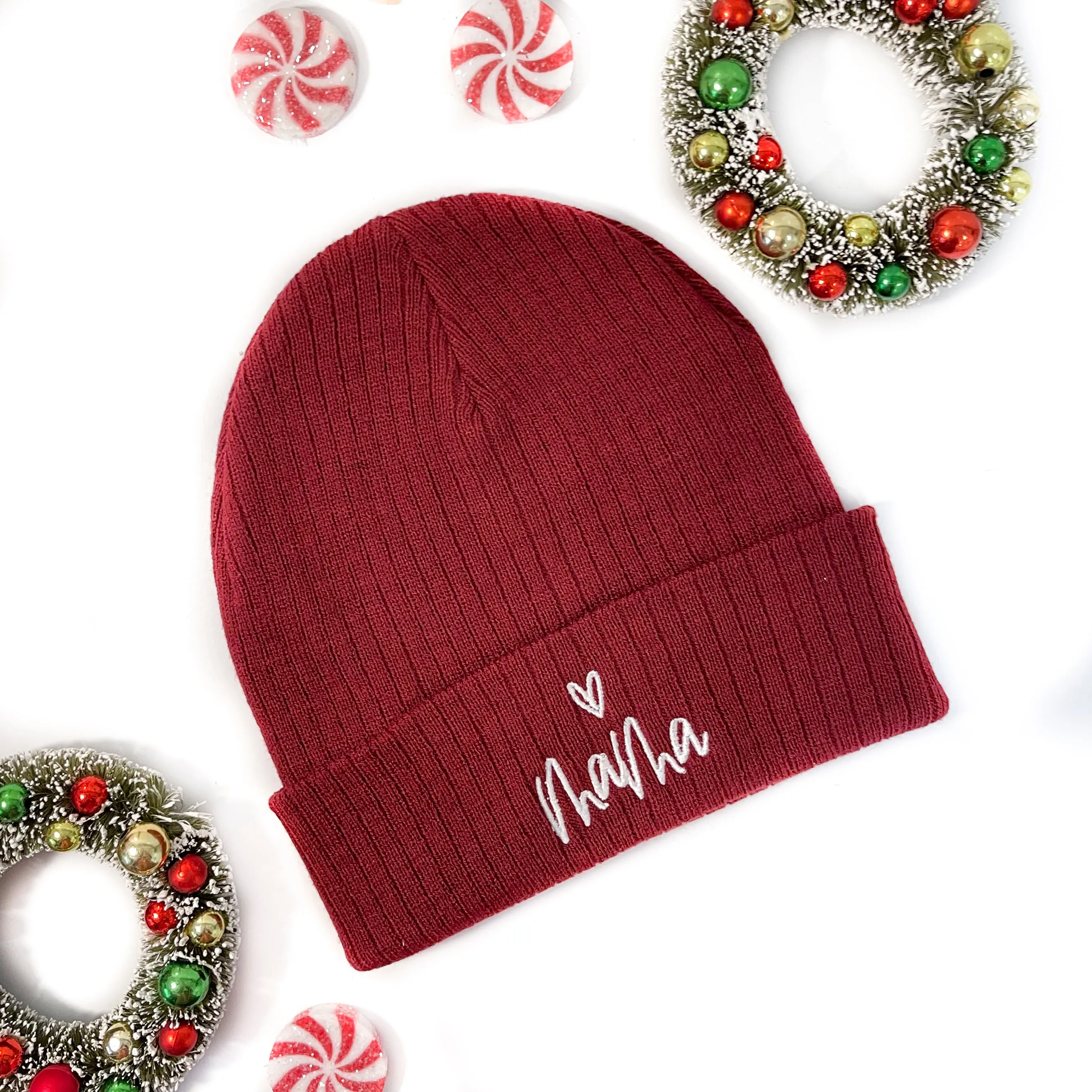 Ribbed Beanie - Mama - Maroon w/ White Heart Above