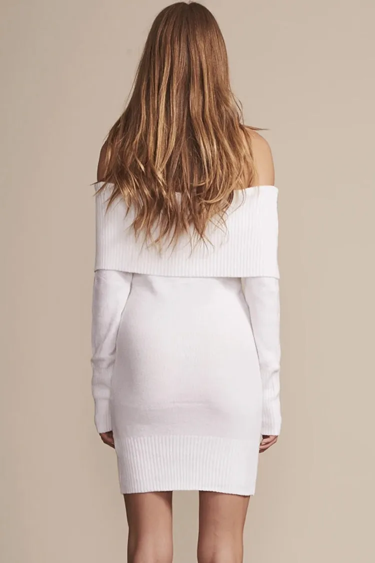 Ribbed Long Sleeve Draped Off Shoulder Mini Sweater Dress - White