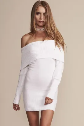 Ribbed Long Sleeve Draped Off Shoulder Mini Sweater Dress - White