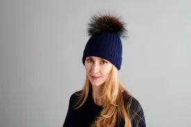 Ribbed Navy Cashmere Hat with Pine Mist Pom-Pom