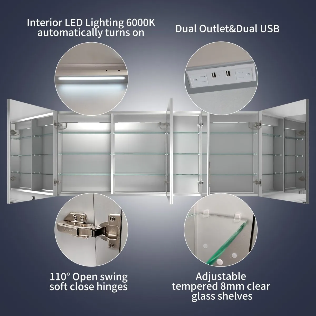 Rim 72" W x 30" H LED Lighted Big Medicine Cabinet Recessed or Surface with Mirrors and Clock