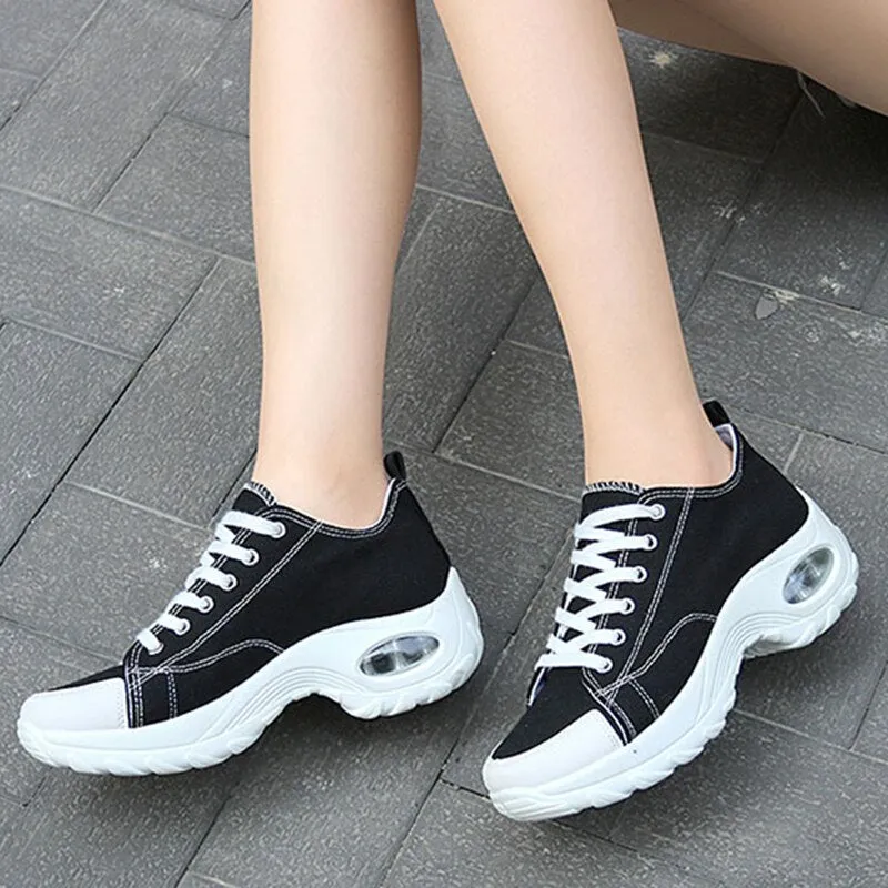 Rimocy Comfortable Air Cushion Sneakers Women   New Denim Lace-up Platform Autumn Shoes Ladies Med Heel Non-slip Sports Shoes