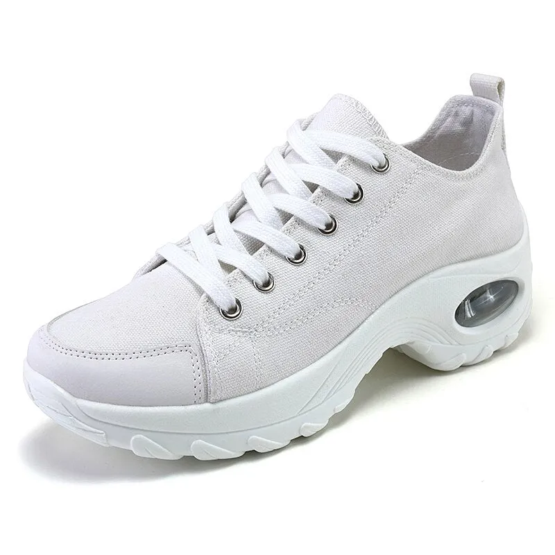 Rimocy Comfortable Air Cushion Sneakers Women   New Denim Lace-up Platform Autumn Shoes Ladies Med Heel Non-slip Sports Shoes