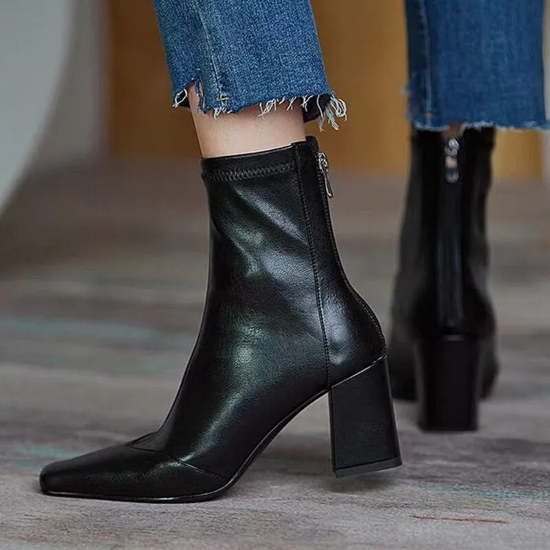 Rimocy Soft Pu Leather High Heels Ankle Boots Women Fashion Small Square Toe Thick Heel Booties Mujer  Autumn Short Boots