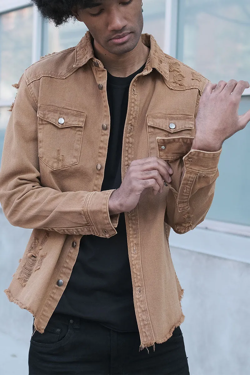 Ripped Denim Overshirt - Wheat