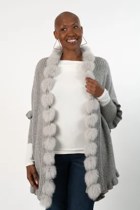 Rippe's Furs Fox Fur Trim Ruffled Wool Wrap - Light Grey