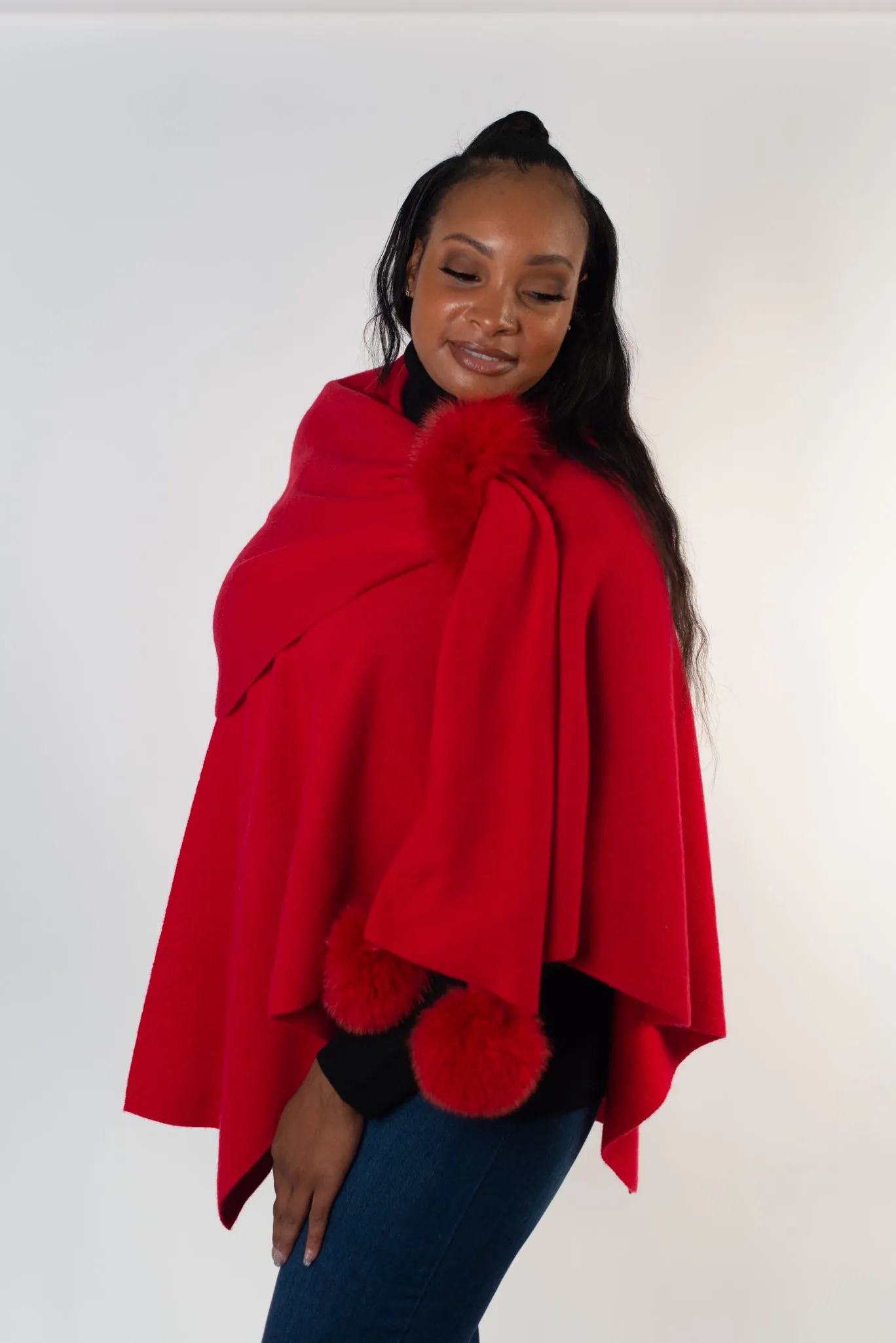 Rippe's Furs Fox Fur Trim Wool Shoulder Loop Wrap - Red