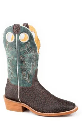 Roper Footwear Men's Brown Bullhide Print Roughstock Broad Square Toe Boots with Turquoise Tops