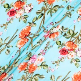 Rose Floral Vision Printed Turquoise Devoré Velvet