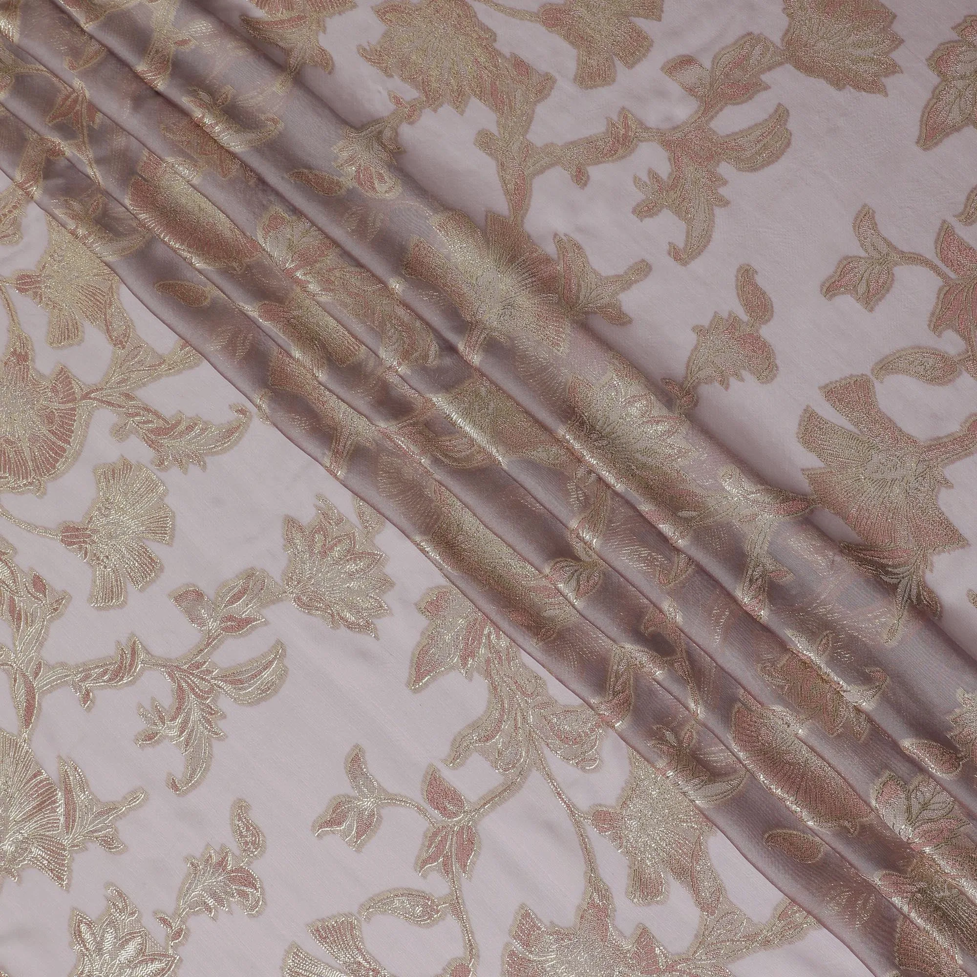 Rose Pink Silk Chiffon (Fransawi) Fabric with Metallic Lurex Floral Design, 110 cm Width-D19732