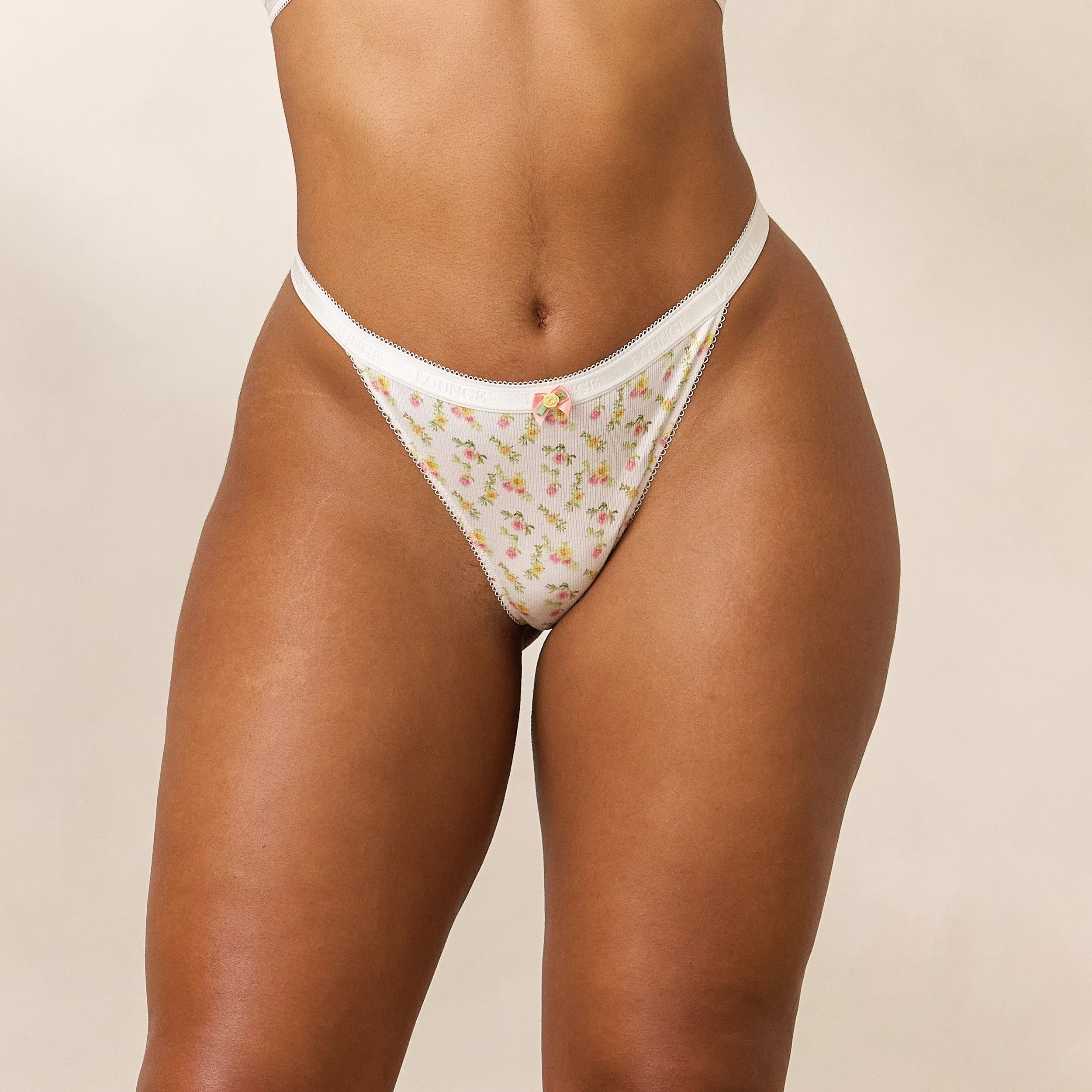 Rosebud Ribbed Thong - White Floral