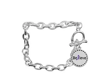 Round Believe Charm Purple Ribbon Link Style Chunky Bracelets