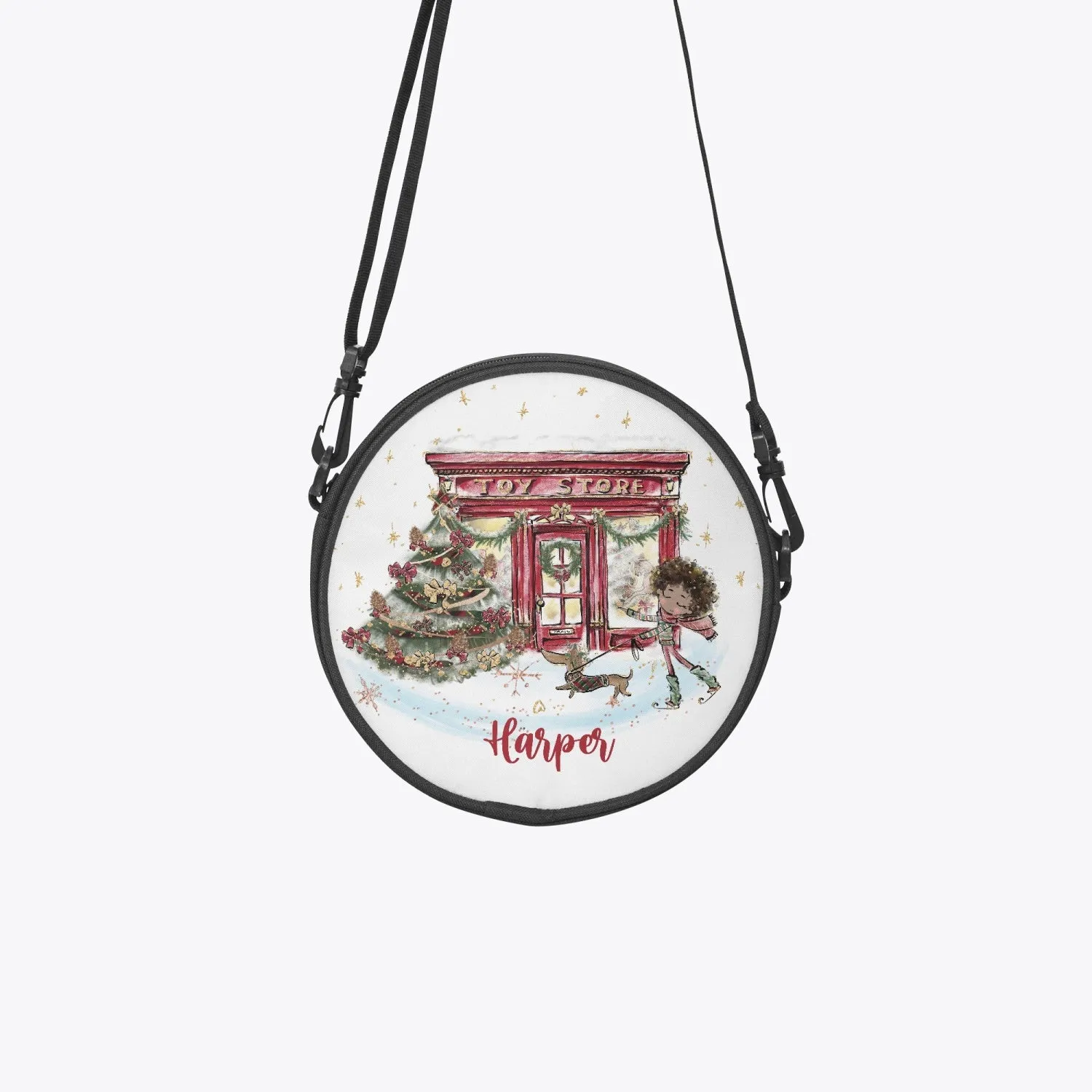 Round Satchel Bag, Christmas Toy Shop, Brunette Hair Olive Skin