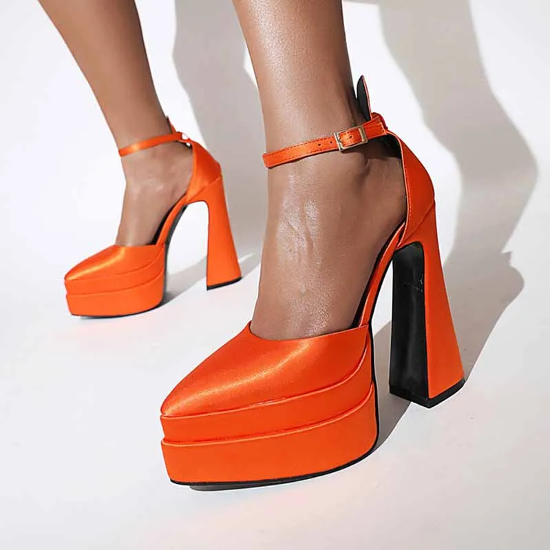 Round Toe Platform Pumps Closed Toe High Chunky Mary Jane Orange Sandals