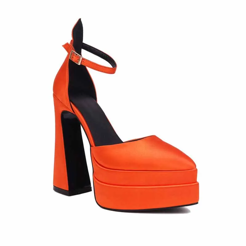 Round Toe Platform Pumps Closed Toe High Chunky Mary Jane Orange Sandals