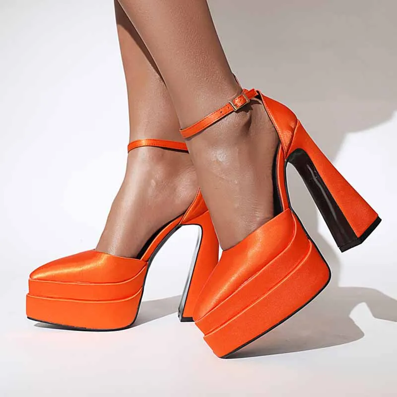 Round Toe Platform Pumps Closed Toe High Chunky Mary Jane Orange Sandals