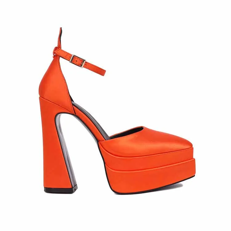 Round Toe Platform Pumps Closed Toe High Chunky Mary Jane Orange Sandals