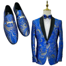 Royal Blue and Gold Paisley Prom Blazer Shall Lapel Slim-Fit with Bowtie