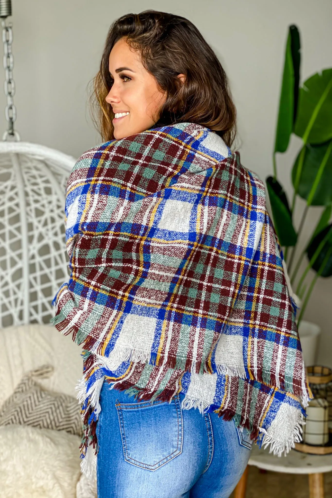 Royal Blue Plaid Blanket Scarf