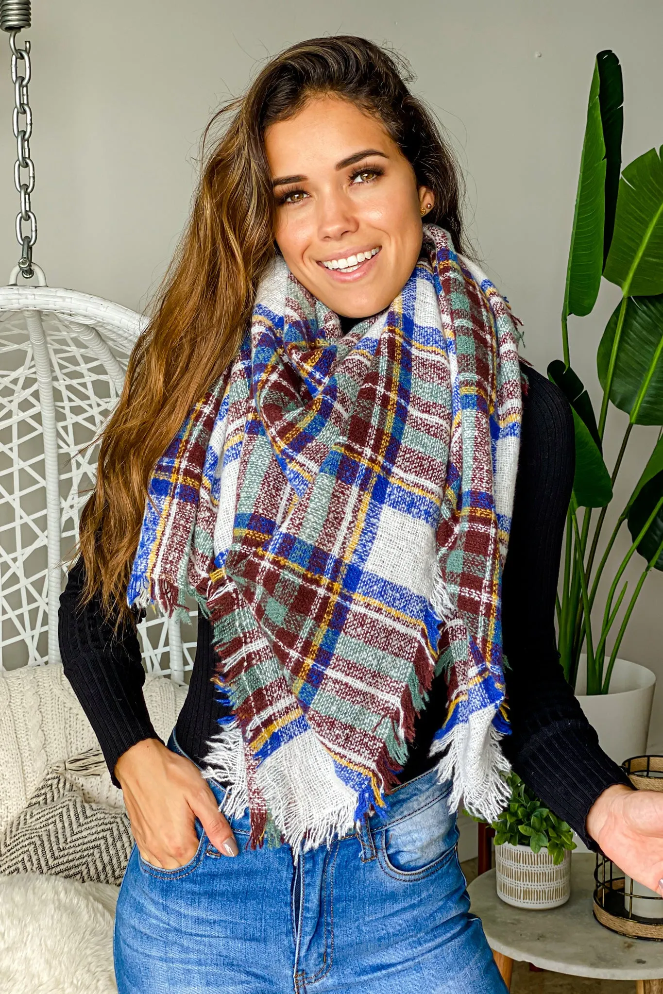 Royal Blue Plaid Blanket Scarf