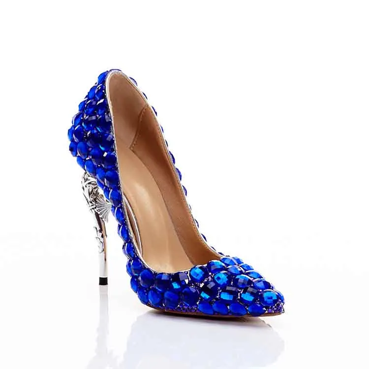 Royal Blue Rhinestone Wedding Pumps Women High Heels Crystal Shoes