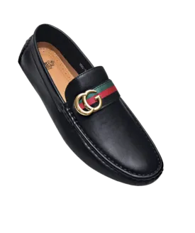 Royal shoes men's black loafer slip-on driver red and green strip with gold buckle