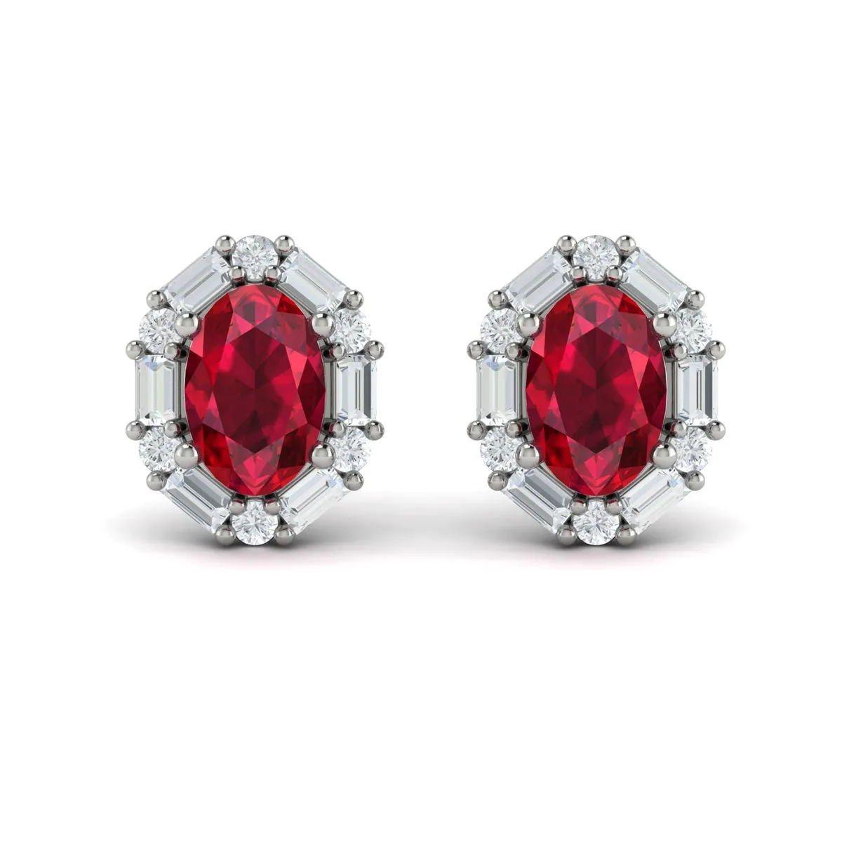 Ruby & Diamond Halo Stud Earrings in 14K White Gold