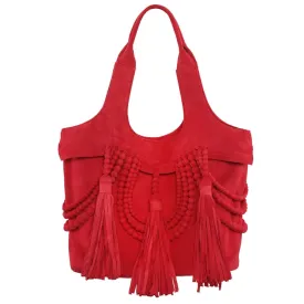 Ruby Red Bohemian Fringed Suede Handbag-Designer Fringed Leather Shoulder Bag