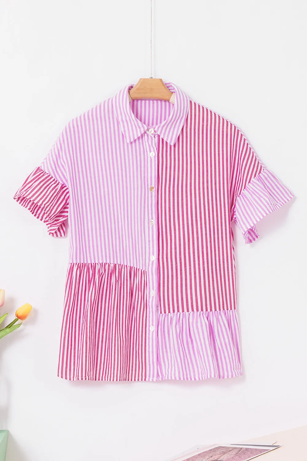 Ruffled Pink Stripe Button Shirt