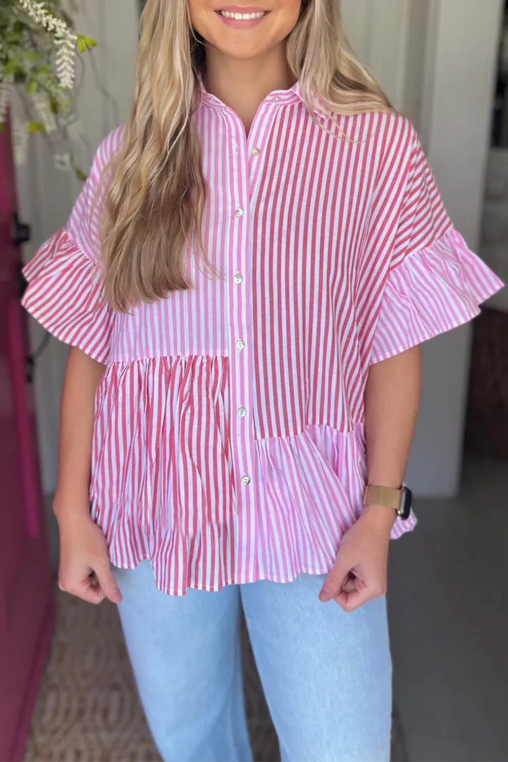 Ruffled Pink Stripe Button Shirt