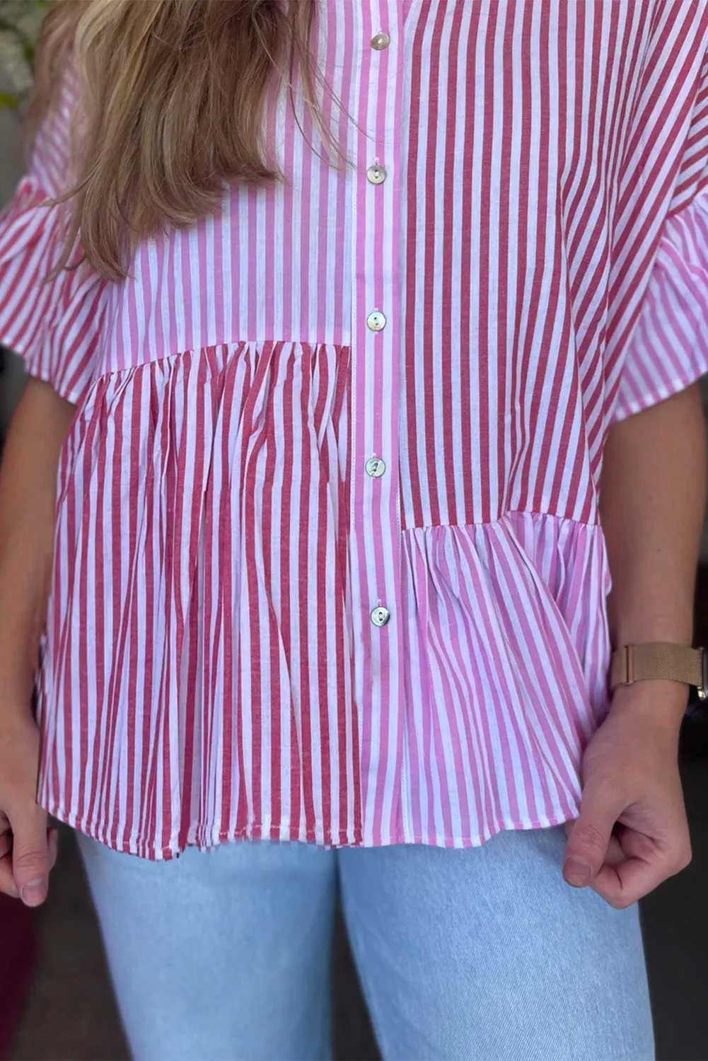 Ruffled Pink Stripe Button Shirt