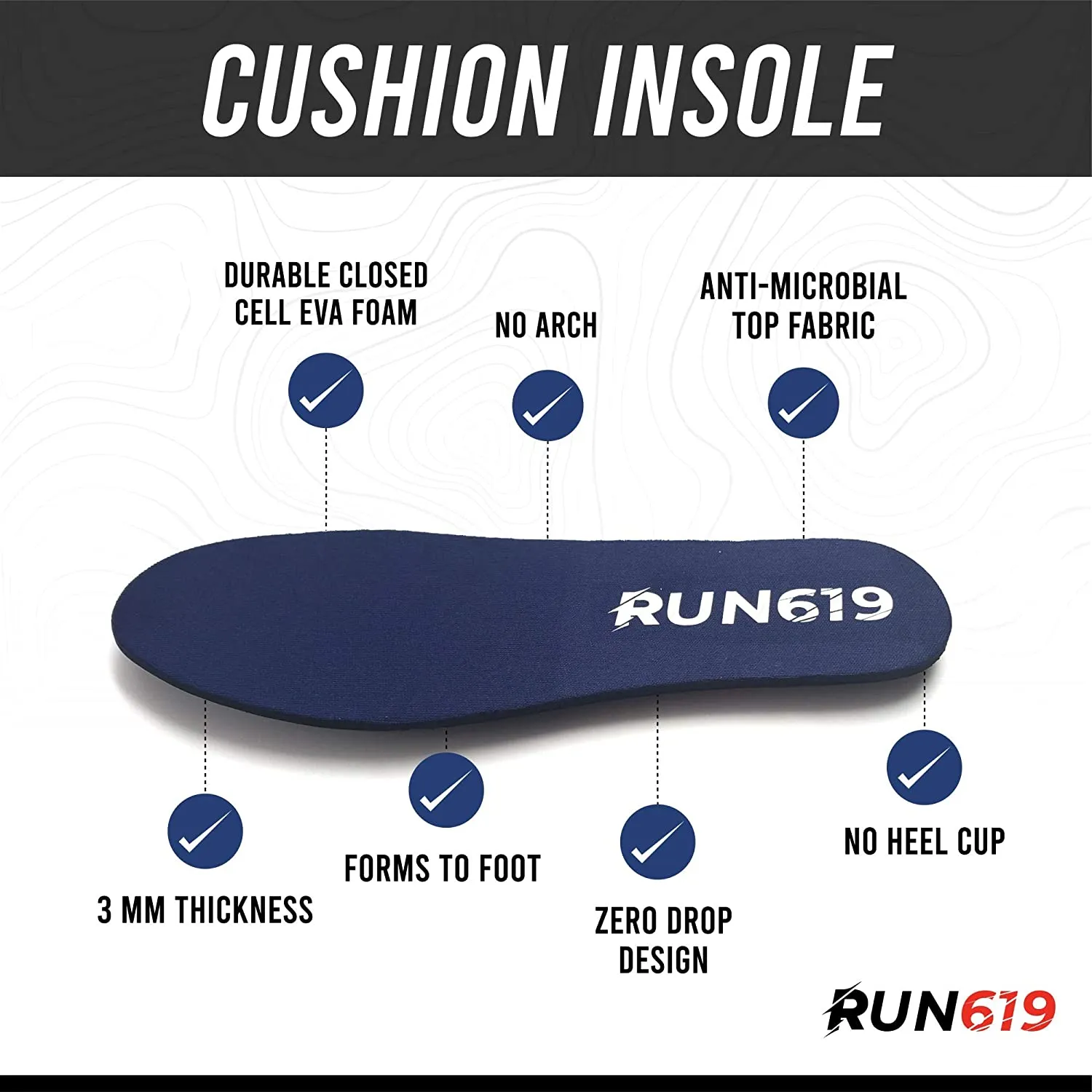 RUN619 |  Thin Flat Cushion Shoe Inserts w/ No Arch Support - Foot Forming | Perfect for Running Walking Work or Hiking | Thin 3mm Insoles