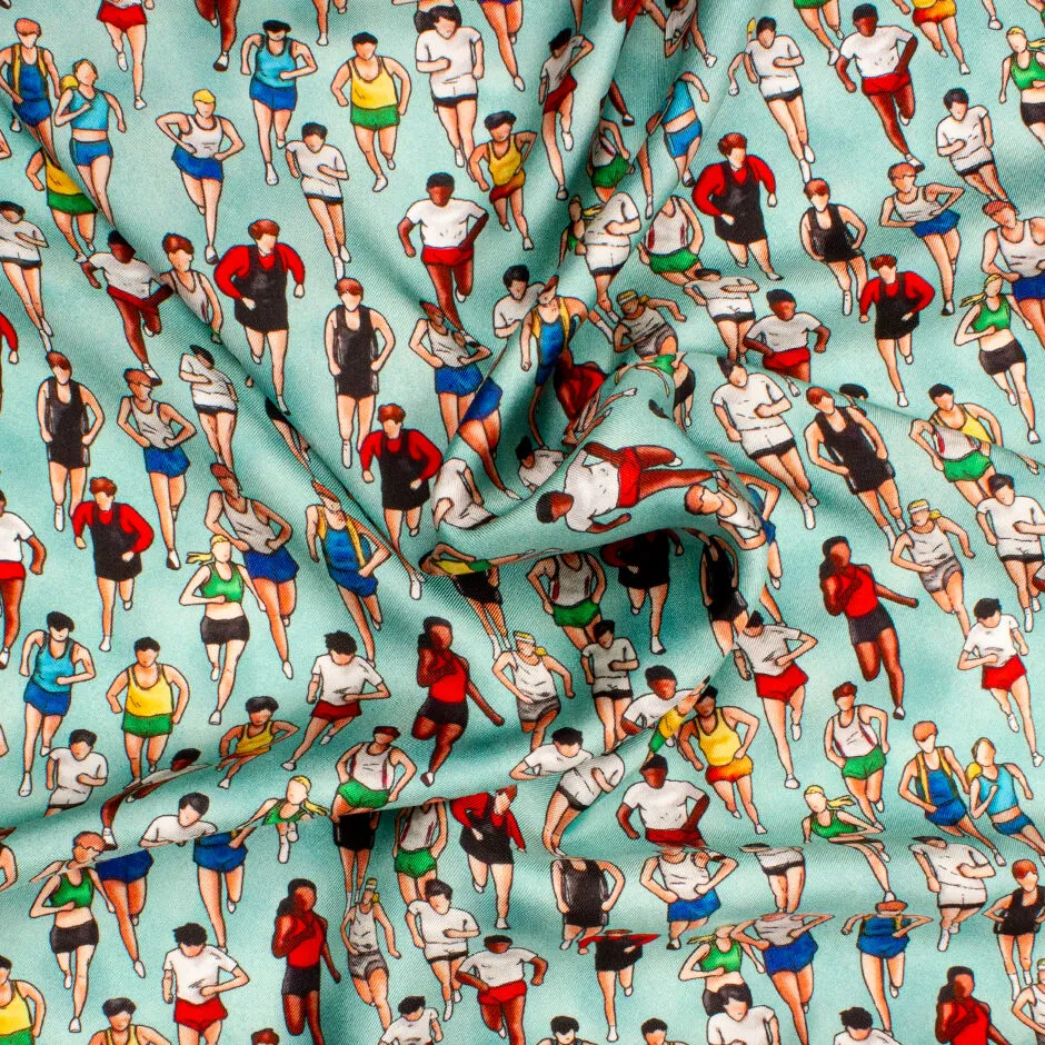 'Runners' Printed Aqua Pure Silk Twill