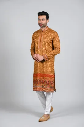 Rust Daman Print Kurta Pajama for Men in Silk